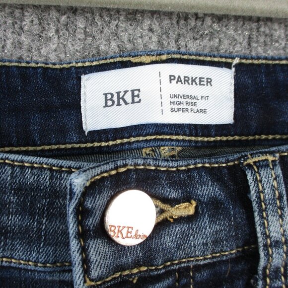 BKE Buckle Super Flare PARKER Jeans Womens 32 Blue Stretch Fit 36x30 Denim Fray - Picture 5 of 16